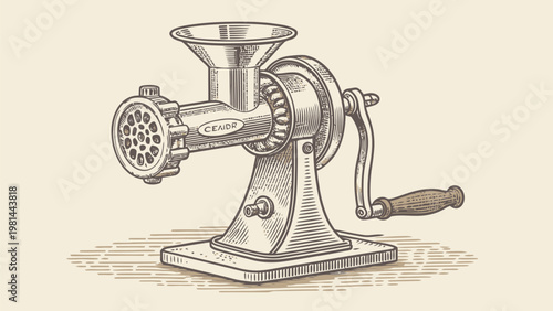 Vintage manual meat grinder machine with crank handle and funnel top illustration