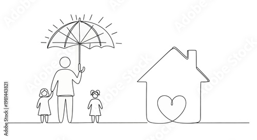 A family standing under an umbrella next to a house with a heart on it, symbolizing protection and love