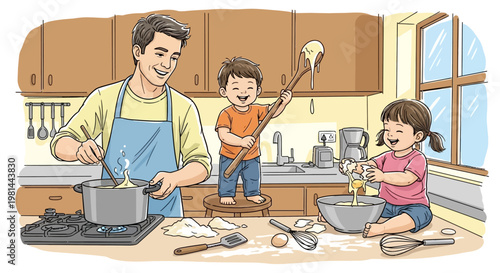 Father and children joyfully cooking together in the kitchen.
