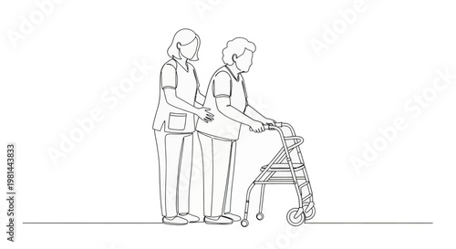 A caregiver assists an elderly person with a walker in a simple line drawing
