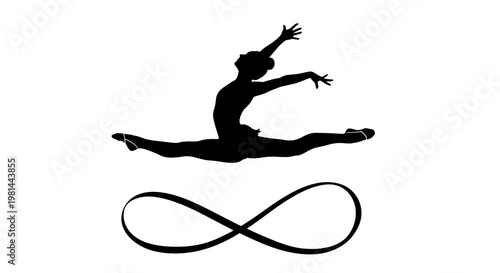 Silhouette of a gymnast performing a split leap with ribbon