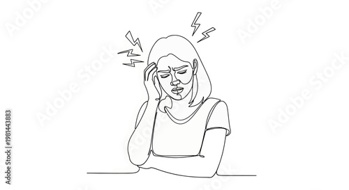 A line drawing of a woman with a headache or migraine, experiencing pain and discomfort, illustrated in a simple continuous line style
