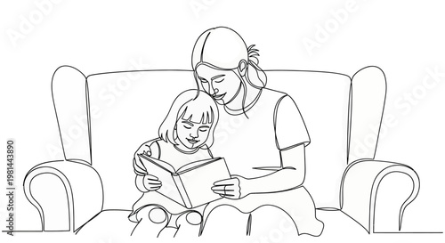 A woman and a little girl sitting on a couch reading a book together in a cozy indoor setting with love and care