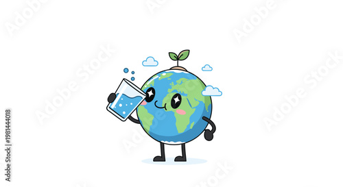 Cute earth drinking water promoting clean water and sustainable lifestyle illustration