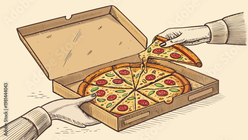 Hands holding pizza slices in cardboard box takeaway food illustration classic delivery concept
