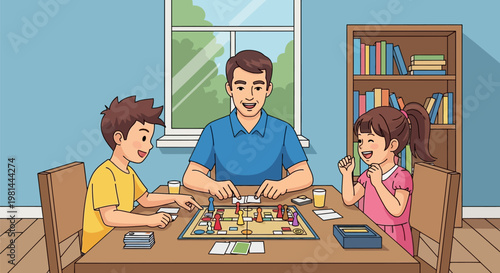 Father and children playing board game together at home.