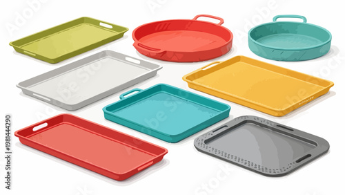 Colorful serving tray collection in modern kitchenware various shapes and sizes vibrant colors