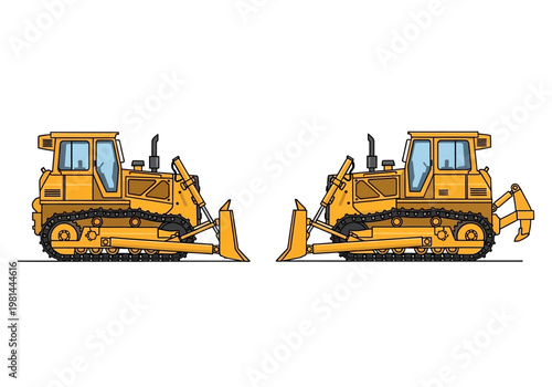 Two Yellow Bulldozers Facing Opposite Directions.