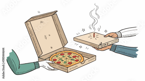 Food delivery concept with courier hands exchanging hot pizza boxes illustrating takeout and online ordering