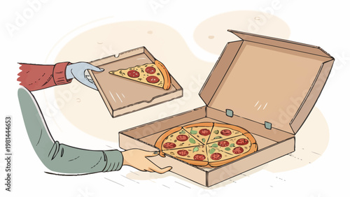 Food delivery concept with courier hands holding pizza slices and box on white background