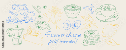 Vintage italian breakfast ink line doodle set. Cozy brunch food and coffee appear as cute cafe icon art with blue and yellow detail. Hand drawn ink line elements fit bakery menu, restaurant card or