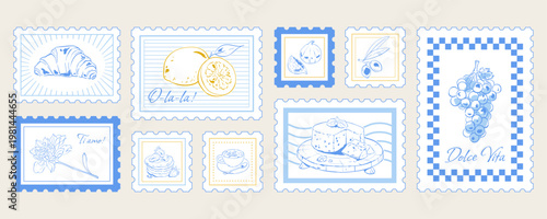Whimsical hand drawn breakfast stamp collection in soft blue and yellow tone. Cute french cafe food set shows croissant and pancakes with coffee cup, lemon, grape, olive cheese as sketch doodle icon