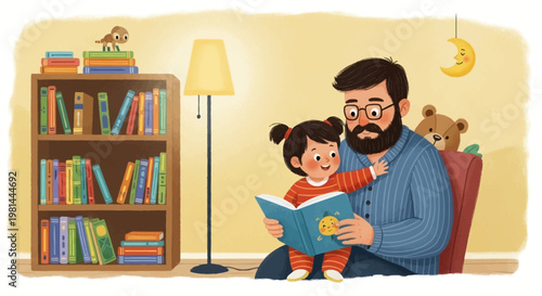 Father and daughter reading a storybook together.