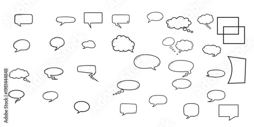 Collection of hand drawn speech bubbles and thought balloons in black and white