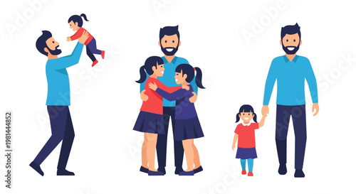 Father and daughters bonding in various loving and playful interactions.