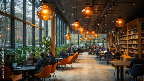 Vibrant modern library interior with natural light and study spaces filled with students