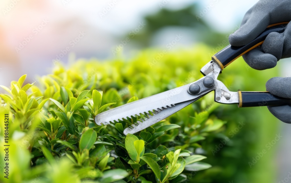 Obraz premium Gardener Trimming Hedge Edges with Manual Shears Outdoors