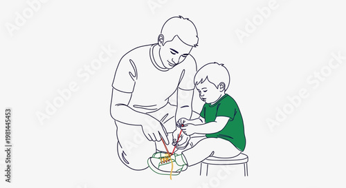 Father and son lighting a birthday cake together, celebrating a special moment.