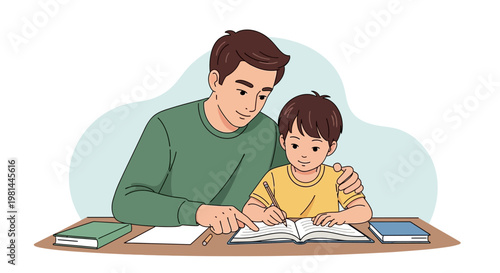 Father and son studying together at home, learning and bonding.