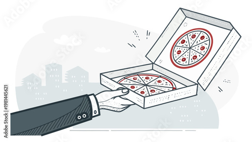 Hand holding pizza takeaway box with slices city background food delivery concept vector illustration