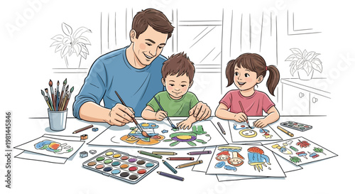 Father and two children happily engaged in a creative painting activity together.