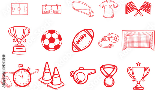 Collection of assorted red line art sports icons depicting various equipment including soccer balls rugby balls winner trophies scoreboards and referee whistles designed for athletic training programs