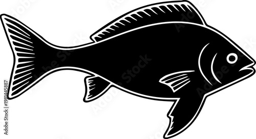 A simple black and white illustration of a fish with fins and tail