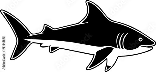 Bold monochrome illustration of a fierce shark, symbolizing strength and danger in the aquatic world, a powerful ocean predator
