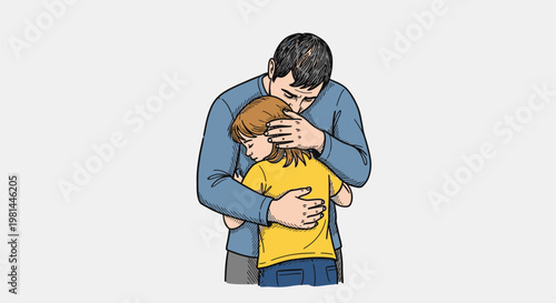 Father comforting his sad child with a warm embrace.