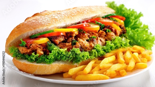 Hearty grilled meat sandwich served on a long roll with fresh vegetables and a side of golden fried potato sticks