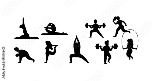 Cartoon fitness activity scene with gray abstract shapes and people exercising vector illustration