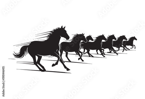 Galloping horses silhouette illustration, Running horse herd silhouette.