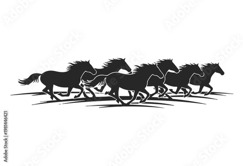 Galloping horses silhouette illustration, Running horse herd silhouette.