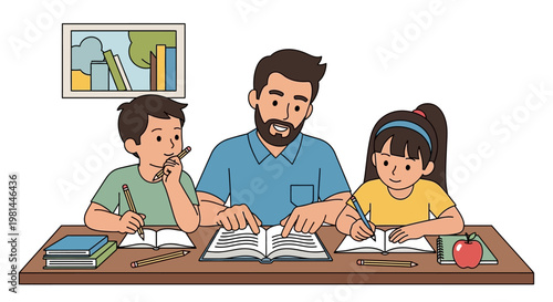 Father helping children with homework at a desk.