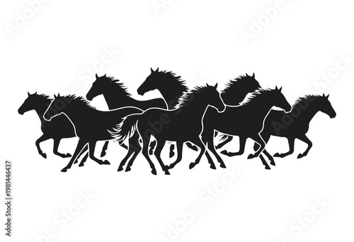 Galloping horses silhouette illustration, Running horse herd silhouette.