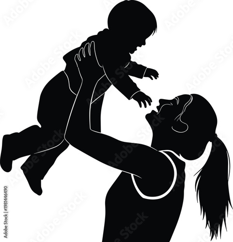 Silhouette of a happy mother lifting her toddler child in the air, celebrating motherhood and family bond on white background.