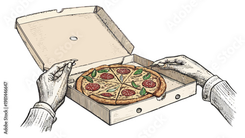 Hands opening cardboard box with delicious pepperoni pizza inside ready for food delivery or takeaway