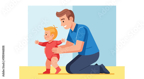 Father helping his baby take first steps.