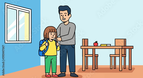 Father helping his daughter get ready for school with her backpack.