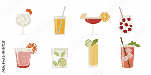 Variety of colorful summer cocktails and refreshing beverages displayed on white