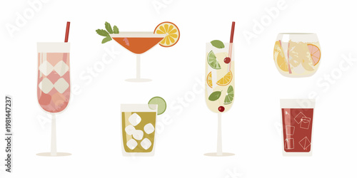 Collection of colorful summer cocktails and refreshing drinks on white background