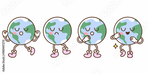 Four cartoon earth characters displaying different emotive poses