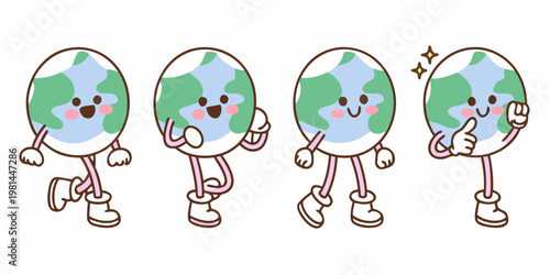 Four cartoon earth characters demonstrating different hand gestures and expressions