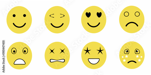 Eight yellow oval faces display a variety of simple emotional expressions