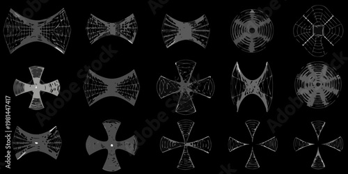 Arrangement of intricate symmetrical diatom frustules on a black background