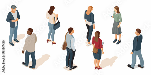 Isometric illustration depicting a diverse group of people walking and interacting