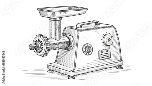 Black ink vector illustration of a vintage meat processing machine with a bowl on top for kitchen use and food preparation