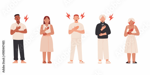 People experiencing heart attack symptoms illustrated with lightning bolts