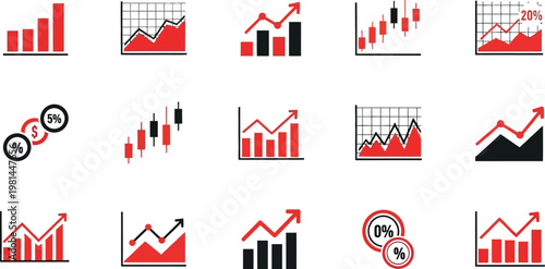 Graphs and charts set displays red and black statistical indicators for financial market tracking and performance monitoring.
