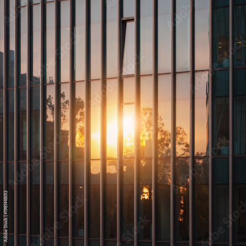 Bright Golden Sun Reflects Strongly in Modern Office Building Glass Windows at Sunset
